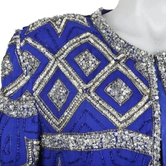 Vintage 80's Scarlet Rage Royal Blue Silver Stars Beaded Sequins Jacket Formal - Picture 2 of 14